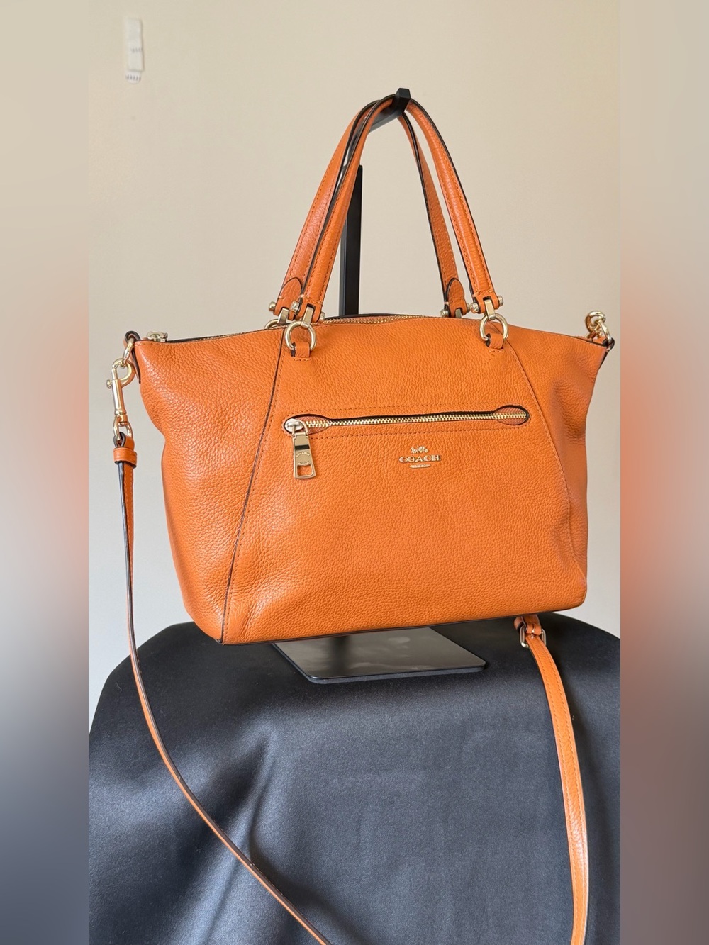 Coach Prairie Satchel in Orange Burnt Pumpkin Pebbled Leather Crossbody Bag